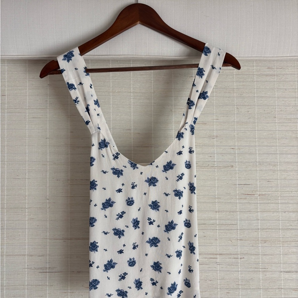 Sezane White Tank Top with Blue Floral Print